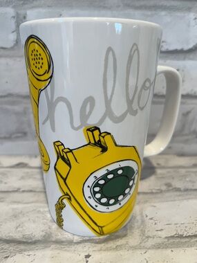 Starbucks White Ceramic coffee mug   yellow green retro rotary dial phone 16 oz